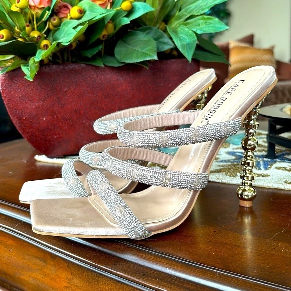 Cape Robbin Rhinestone Multi-Strap Square Toe High Heels Stilettos Sparkly Beige